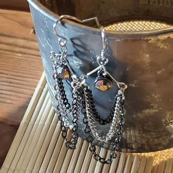 Silver Gunmetal Grey Handcrafted Triple Chain Crystal Dangle Earrings - Picture 5 of 8